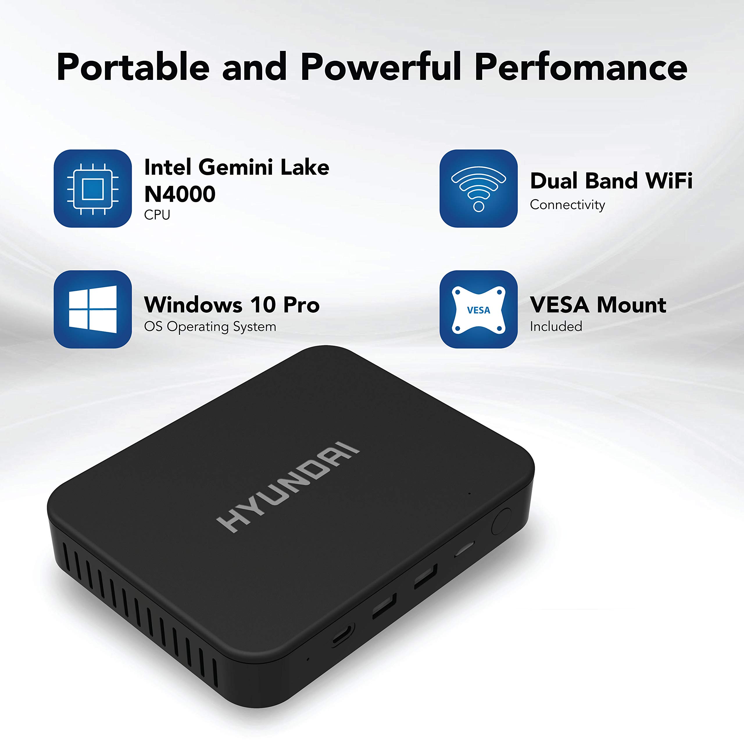HYUNDAI Business Mini PC 4GB RAM & 64GB SSD & Intel N4020 - Small, Portable and Compact PC Expandable Storage with MicroSD, USB-C, Windows 10 Pro, HDMI & VGA Ports, and Vesa Mount - HTN4020MPC