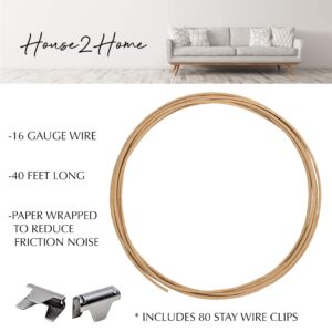 House2Home Upholstery Stay Wire for Sofa Furniture Springs, 40ft with 80 Clips, 16 Gauge Paper Wrapped Wire, Includes Instructions