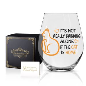 perfectinsoy it's not really drinking alone if the cat is home, cute semless wine glass with gift box, gifts for cat mom,veterinarian and cat lovers mug