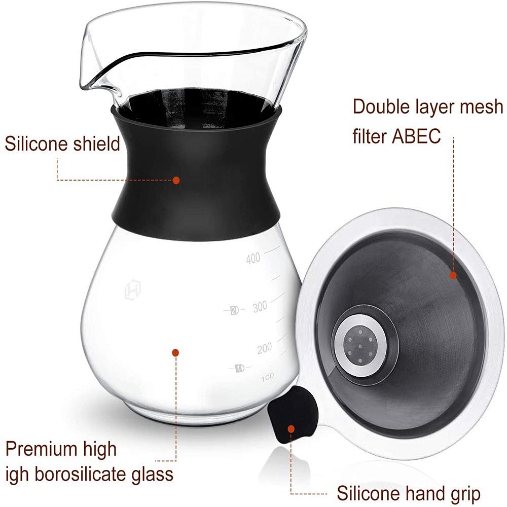 XIYUAN Pour Over Coffee Maker, Permanently Use The Pour Over Coffee Dripper Borosilicate Glass Water Bottle Coffee Pot With Stainless Steel Filter Hand Punch Coffee Pot Set 14oz / 400Ml