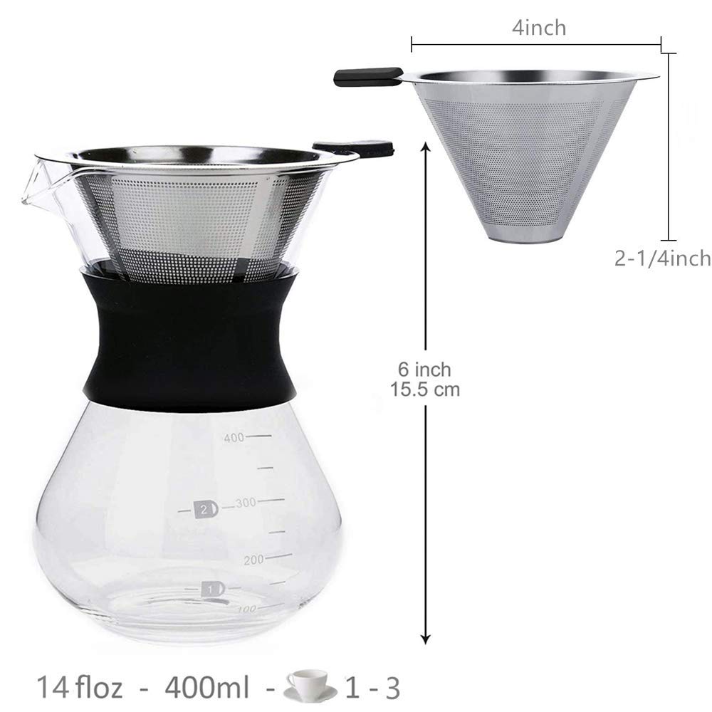 XIYUAN Pour Over Coffee Maker, Permanently Use The Pour Over Coffee Dripper Borosilicate Glass Water Bottle Coffee Pot With Stainless Steel Filter Hand Punch Coffee Pot Set 14oz / 400Ml