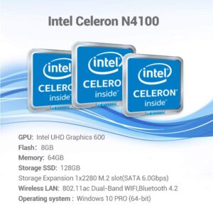 Mini PC Windows 10 Pro 64bit, 8GB LPDDR4 128GB SSD + 64GB ROM, Mini Computer Intel Celeron N4100 Processor (up to 2.40GHz), Gigabit Ethernet, Dual-Band Wi-Fi 1000Mbps, BT 4.2/4K HD