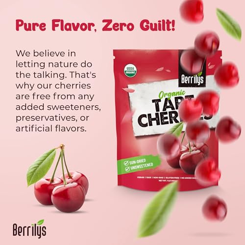 Berrilys Organic Dried Tart Cherries, 1 lb, Pitted, Non-GMO, Kosher, Unsulfured, No Added Sugar