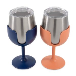 Camco Life is Better at The Campsite Wine Tumbler | Heavy Duty Double Wall Vacuum Insulation | Crafted of 18/8 Stainless Steel | Features Removable Navy & Peach Stems | 2-Pk, 8-oz/Each (51917)