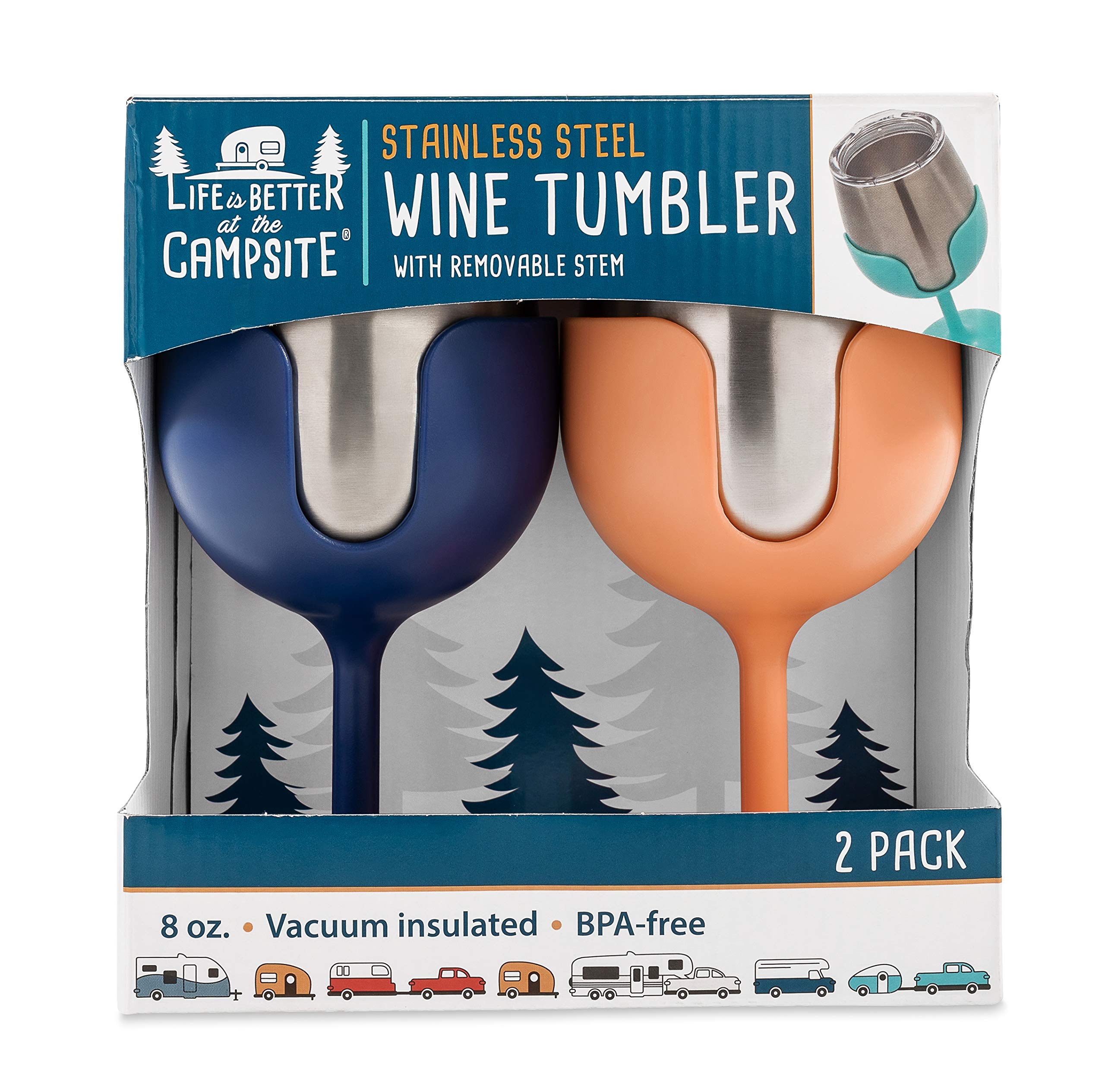 Camco Life is Better at The Campsite Wine Tumbler | Heavy Duty Double Wall Vacuum Insulation | Crafted of 18/8 Stainless Steel | Features Removable Navy & Peach Stems | 2-Pk, 8-oz/Each (51917)