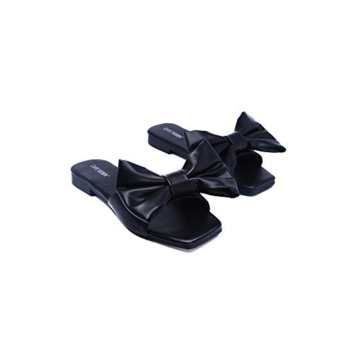 Cape Robbin Juju Sandals Slides for Women, Womens Mules Slip On Shoes with Bow - Black Size 7.5