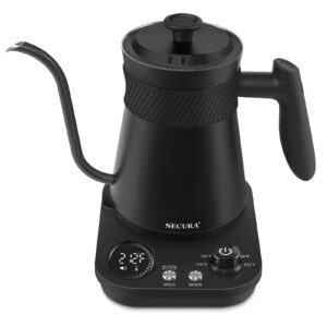 secura electric gooseneck kettle, quick boiling electric kettle with 5 variable presets for coffee tea brewing, 100% stainless steel inner tea/coffee kettle with 1.5h keep warm,1200w-0.8l, matt black