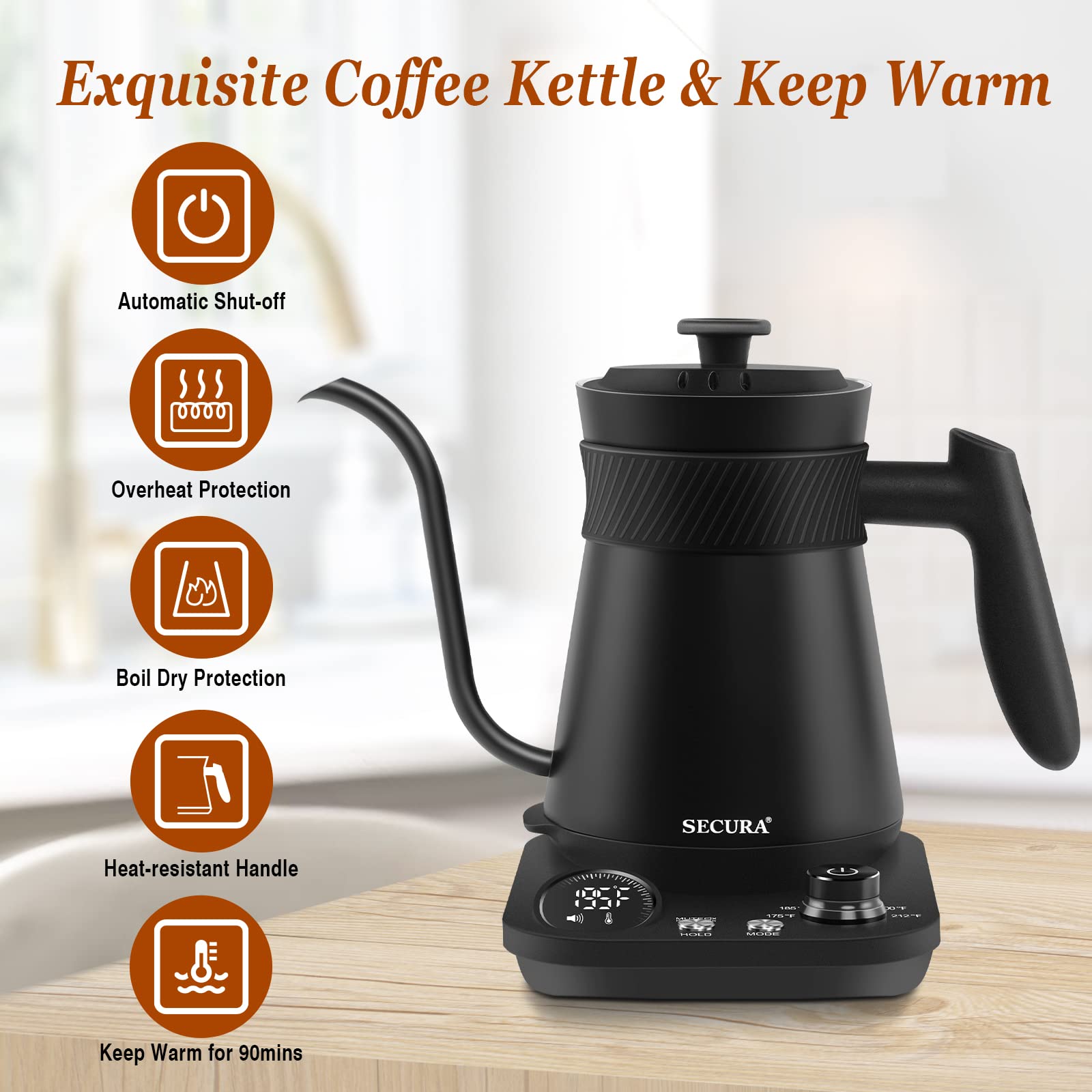Secura Electric Gooseneck Kettle, Quick Boiling Electric Kettle with 5 Variable Presets for Coffee Tea Brewing, 100% Stainless Steel Inner Tea/Coffee Kettle with 1.5H Keep Warm,1200W-0.8L, Matt Black