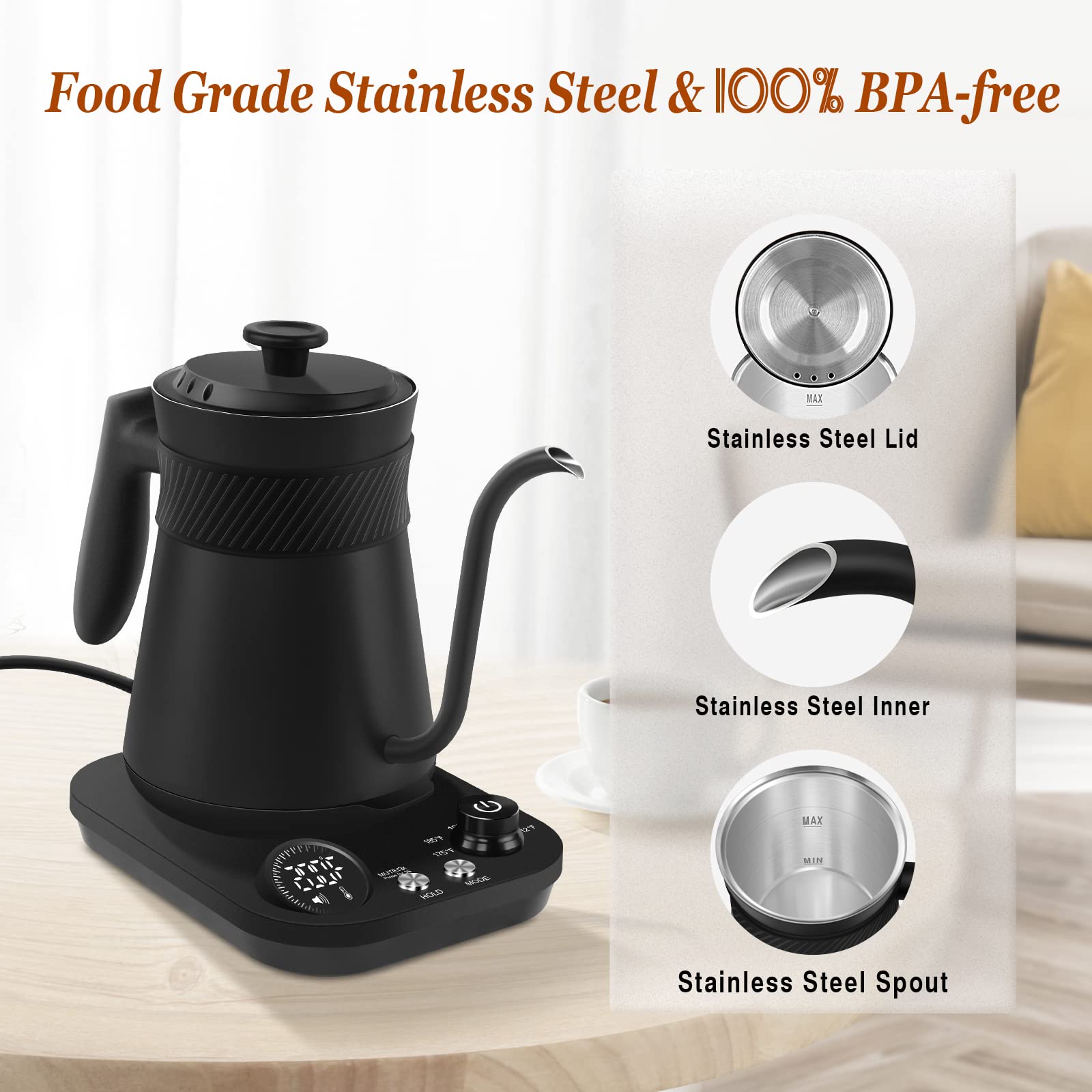 Secura Electric Gooseneck Kettle, Quick Boiling Electric Kettle with 5 Variable Presets for Coffee Tea Brewing, 100% Stainless Steel Inner Tea/Coffee Kettle with 1.5H Keep Warm,1200W-0.8L, Matt Black