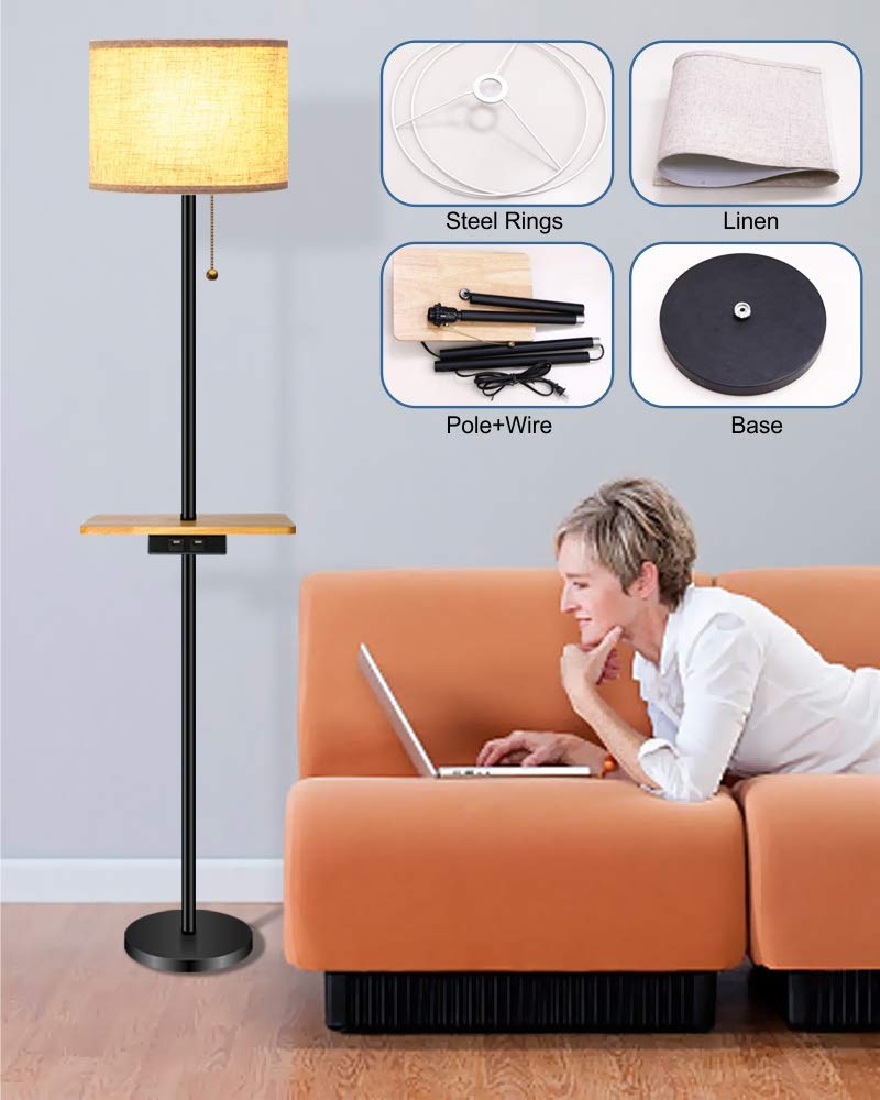 lifeholder Floor Lamp, Modern Floor Lamp with Dual USB Ports & Rectangle Tray Table, LED Floor Lamp with Line Fabric Shade & Pull Chain, Idea for Bedroom, Living Room or Office