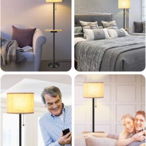 lifeholder Floor Lamp, Modern Floor Lamp with Dual USB Ports & Rectangle Tray Table, LED Floor Lamp with Line Fabric Shade & Pull Chain, Idea for Bedroom, Living Room or Office