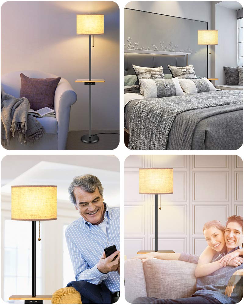 lifeholder Floor Lamp, Modern Floor Lamp with Dual USB Ports & Rectangle Tray Table, LED Floor Lamp with Line Fabric Shade & Pull Chain, Idea for Bedroom, Living Room or Office