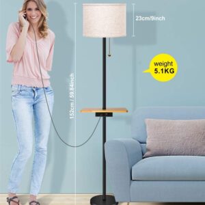 lifeholder Floor Lamp, Modern Floor Lamp with Dual USB Ports & Rectangle Tray Table, LED Floor Lamp with Line Fabric Shade & Pull Chain, Idea for Bedroom, Living Room or Office