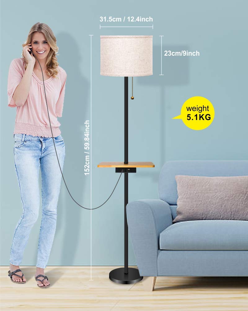 lifeholder Floor Lamp, Modern Floor Lamp with Dual USB Ports & Rectangle Tray Table, LED Floor Lamp with Line Fabric Shade & Pull Chain, Idea for Bedroom, Living Room or Office