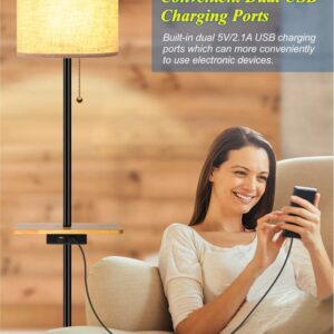 lifeholder Floor Lamp, Modern Floor Lamp with Dual USB Ports & Rectangle Tray Table, LED Floor Lamp with Line Fabric Shade & Pull Chain, Idea for Bedroom, Living Room or Office