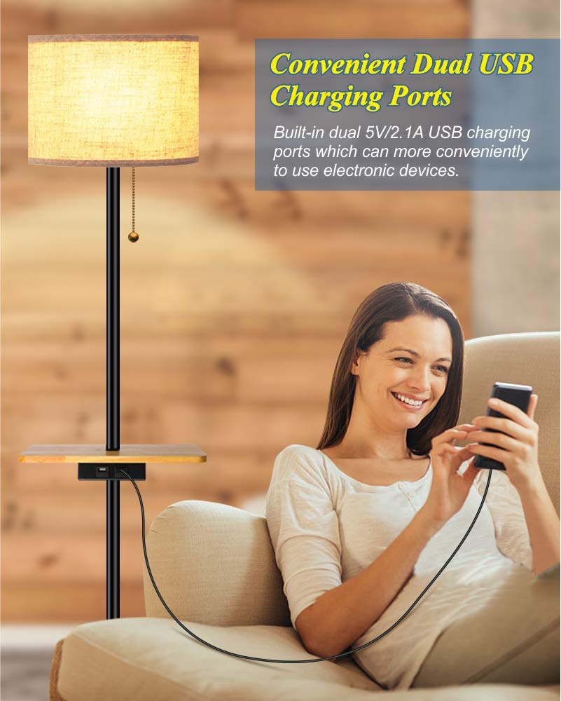 lifeholder Floor Lamp, Modern Floor Lamp with Dual USB Ports & Rectangle Tray Table, LED Floor Lamp with Line Fabric Shade & Pull Chain, Idea for Bedroom, Living Room or Office