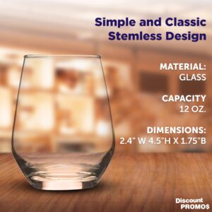 DISCOUNT PROMOS Silica 12 Oz. Stemless Wine Glasses Set of 10, Bulk Pack of Drinking Glasses, Restaurant Grade Glassware, Perfect for Wine, Cocktails and More - Clear Bottom Color