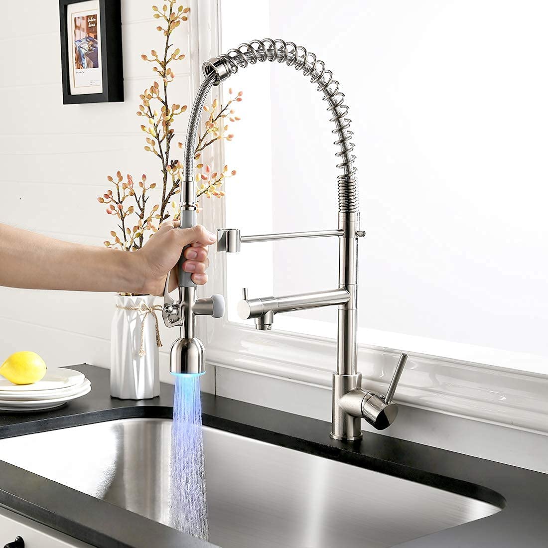 Fapully LED Kitchen Faucet Pull Down Sprayer and Deck Plate Brushed Nickel