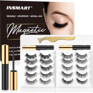 Magnetic Eyelashes with Magnetic Eyeliner Kit -10 Pairs Upgraded 3D 5D Magnetic Eyelashes Kit with Tweezers & 2 Tubes of Magnetic Eyeliner, Reusable, No Glue (10 Pairs)