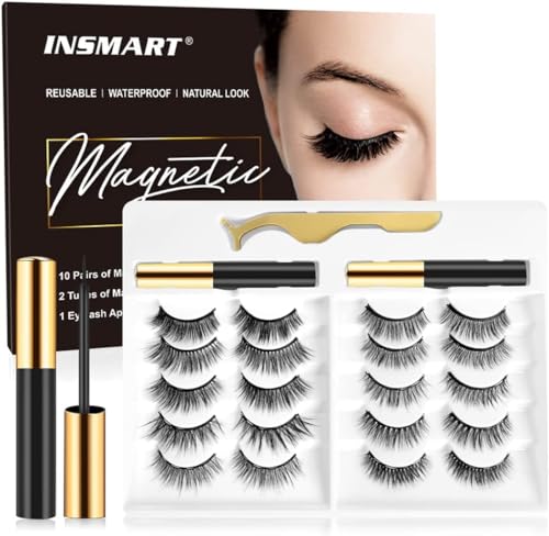 Magnetic Eyelashes with Magnetic Eyeliner Kit -10 Pairs Upgraded 3D 5D Magnetic Eyelashes Kit with Tweezers & 2 Tubes of Magnetic Eyeliner, Reusable, No Glue (10 Pairs)