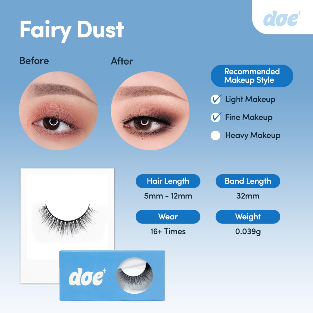 Fairy Dust - Reusable 15 Wears, Natural Looking Vegan False Lashes, Handmade from Korean Silk. Lightweight Cruelty Free Eyelash for Everyday Look - 1 Pair