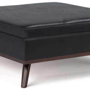 SIMPLIHOME Owen 36 Inch Wide Mid Century Modern Square Coffee Table Lift Top Storage Ottoman in Upholstered Midnight Black Faux Leather, For the Living Room