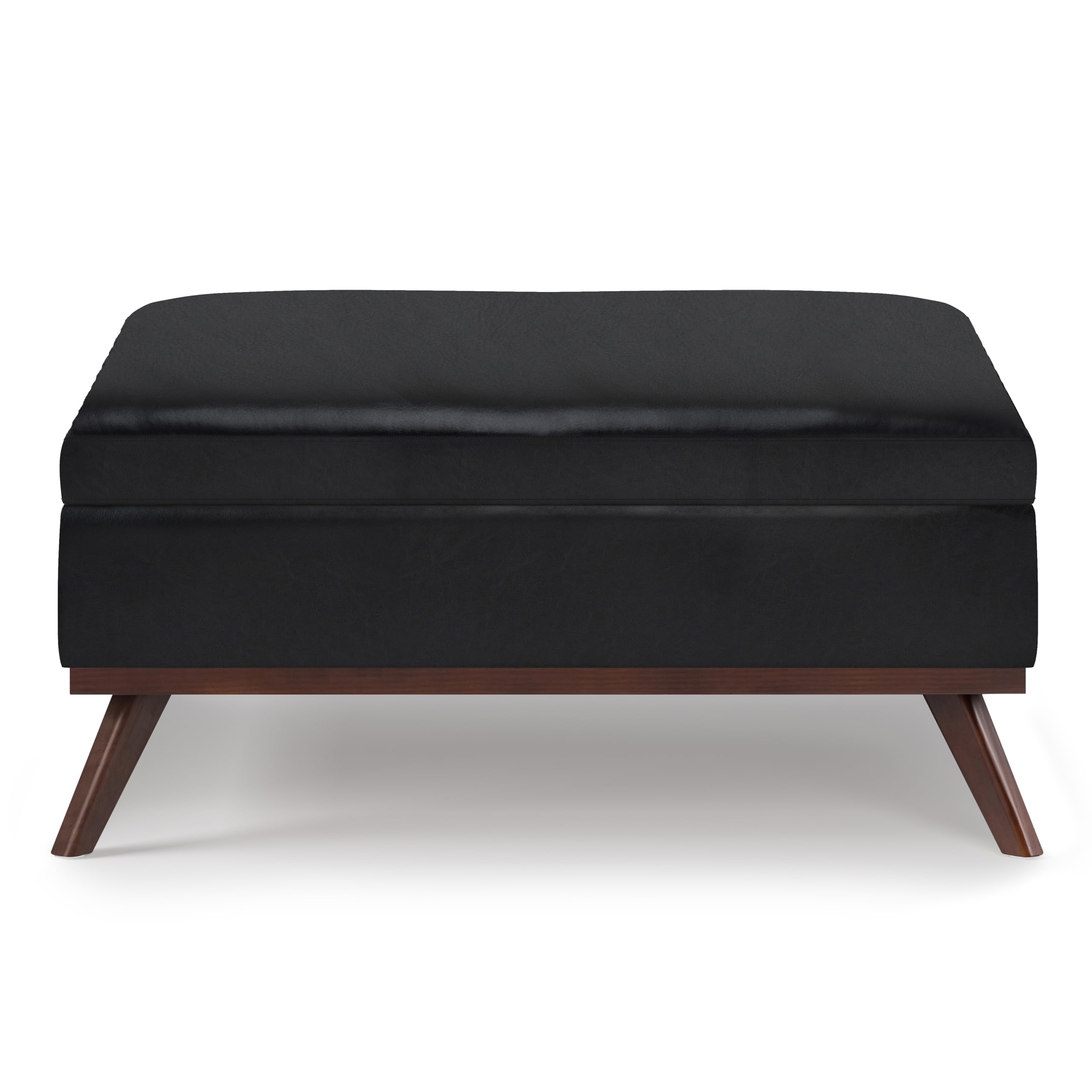 SIMPLIHOME Owen 36 Inch Wide Mid Century Modern Square Coffee Table Lift Top Storage Ottoman in Upholstered Midnight Black Faux Leather, For the Living Room