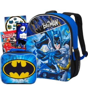 batman backpack with lunchbox set for boys kids ~ 6 pc bundle with deluxe 16" batman backpack, insulated lunch bag, stickers, and more (batman school supplies)