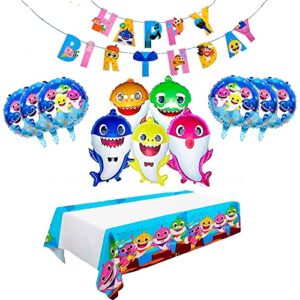 13 pcs, shark balloons - shark family balloons - shark duplex prints foil balloons - shark banner & shark tablecloth - shark birthday decorations