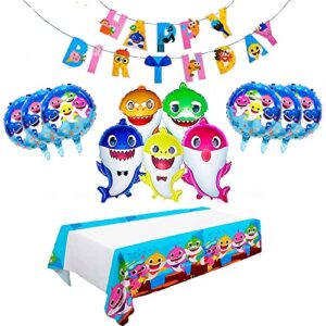 13 PCS, Shark Balloons - Shark Family Balloons - Shark Duplex Prints Foil Balloons - Shark Banner & Shark Tablecloth - Shark Birthday Decorations