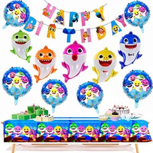 13 PCS, Shark Balloons - Shark Family Balloons - Shark Duplex Prints Foil Balloons - Shark Banner & Shark Tablecloth - Shark Birthday Decorations