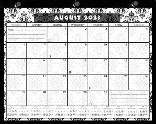 2023-2024 Academic Year 12 Months Student Calendar/Planner in Protective Sleeve for 3-Ring Binder, Desk or Wall -v009 (Damask Black and White)