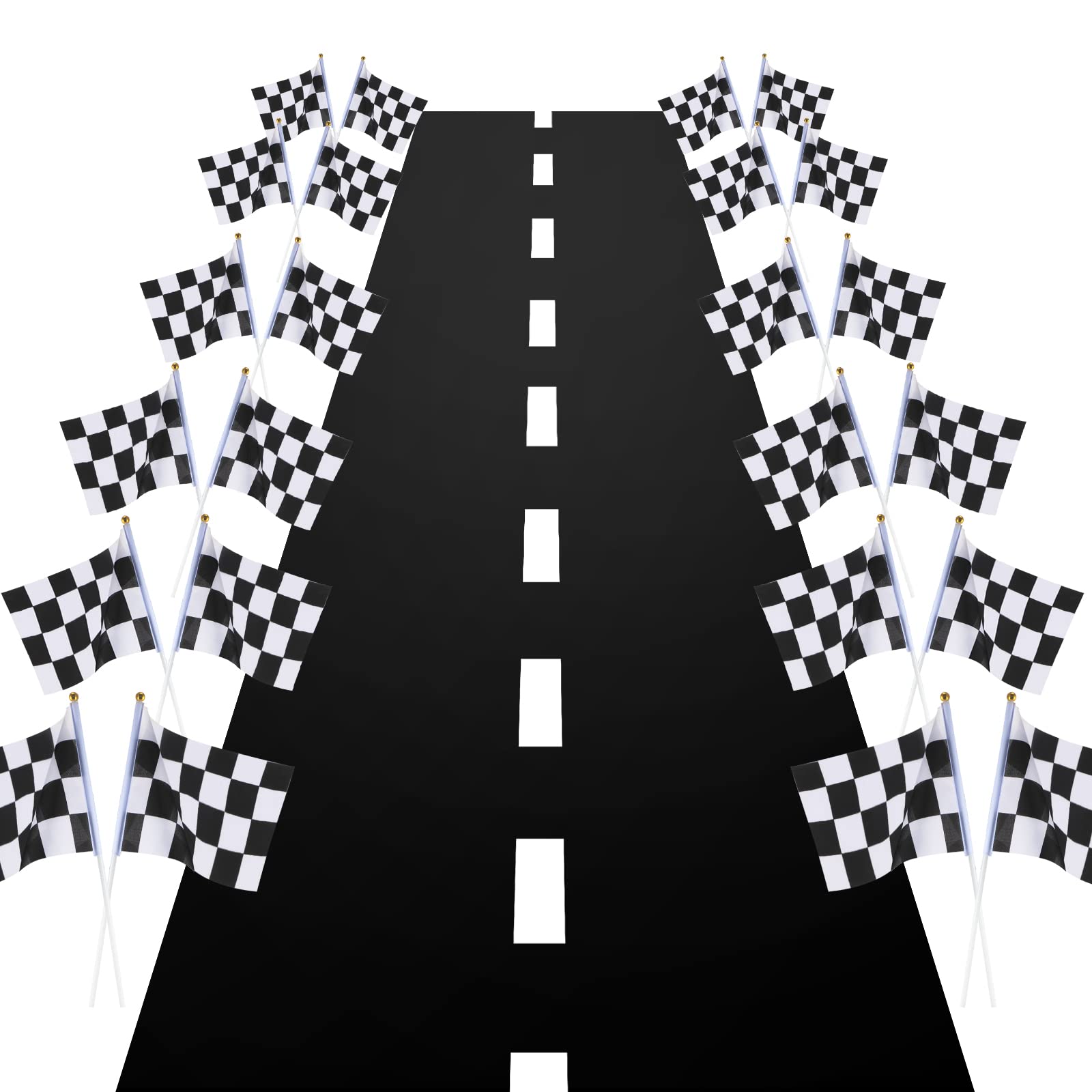 13 Feet Long Racetrack Floor Running Mat (2ft Wide) and 12 Pieces Checkered Black and White Racing Flag for Two Fast Birthday Decorations Race Car Road for Race Car Birthday Party Supplies