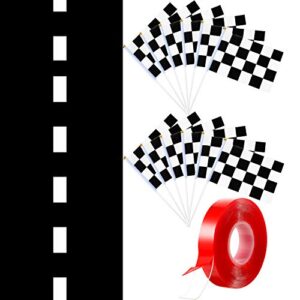 13 Feet Long Racetrack Floor Running Mat (2ft Wide) and 12 Pieces Checkered Black and White Racing Flag for Two Fast Birthday Decorations Race Car Road for Race Car Birthday Party Supplies