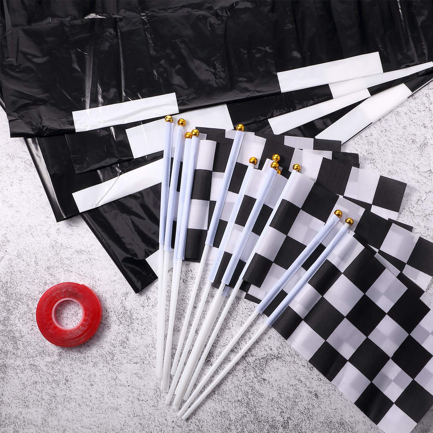 13 Feet Long Racetrack Floor Running Mat (2ft Wide) and 12 Pieces Checkered Black and White Racing Flag for Two Fast Birthday Decorations Race Car Road for Race Car Birthday Party Supplies