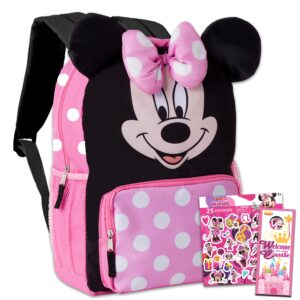 big face minnie mouse backpack for kids toddlers ~ premium 14" minnie school bag with 3d ears and puffy bow (minnie mouse school supplies bundle)
