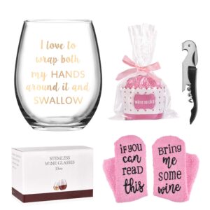 i love to wrap both my hands around it and swallow stemless wine glass set with wine socks and bottle opener for women friend wife girlfriend her, gag gift for bachelorette party birthday, 15 oz