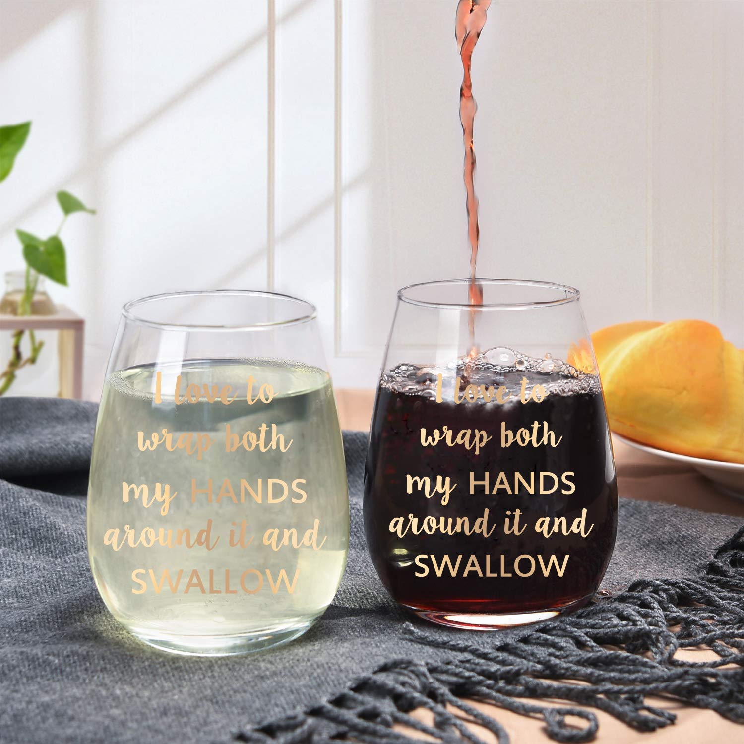 I Love to Wrap Both My Hands Around It and Swallow Stemless Wine Glass Set with Wine Socks and Bottle Opener for Women Friend Wife Girlfriend Her, Gag Gift for Bachelorette Party Birthday, 15 Oz