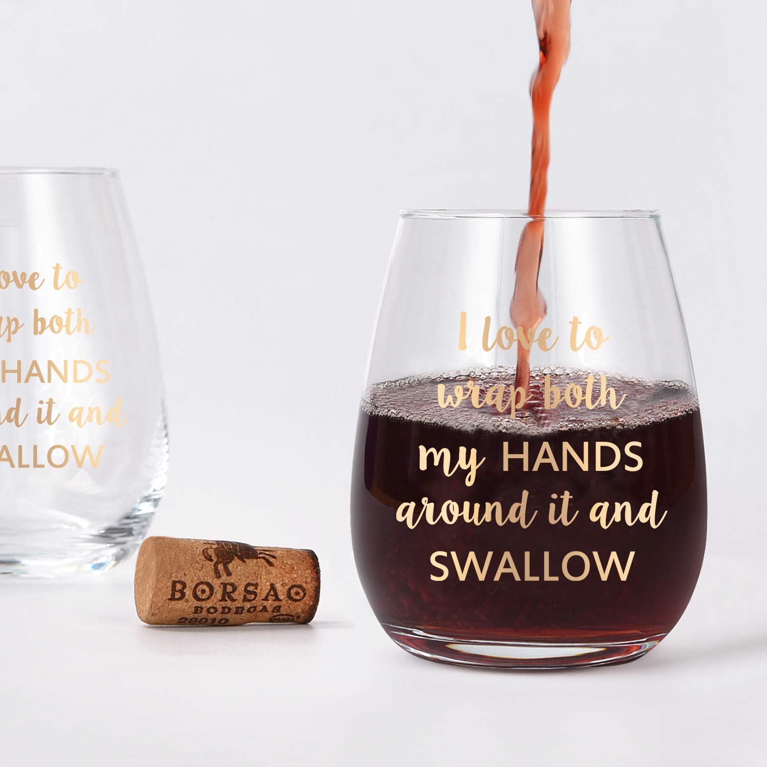 I Love to Wrap Both My Hands Around It and Swallow Stemless Wine Glass Set with Wine Socks and Bottle Opener for Women Friend Wife Girlfriend Her, Gag Gift for Bachelorette Party Birthday, 15 Oz