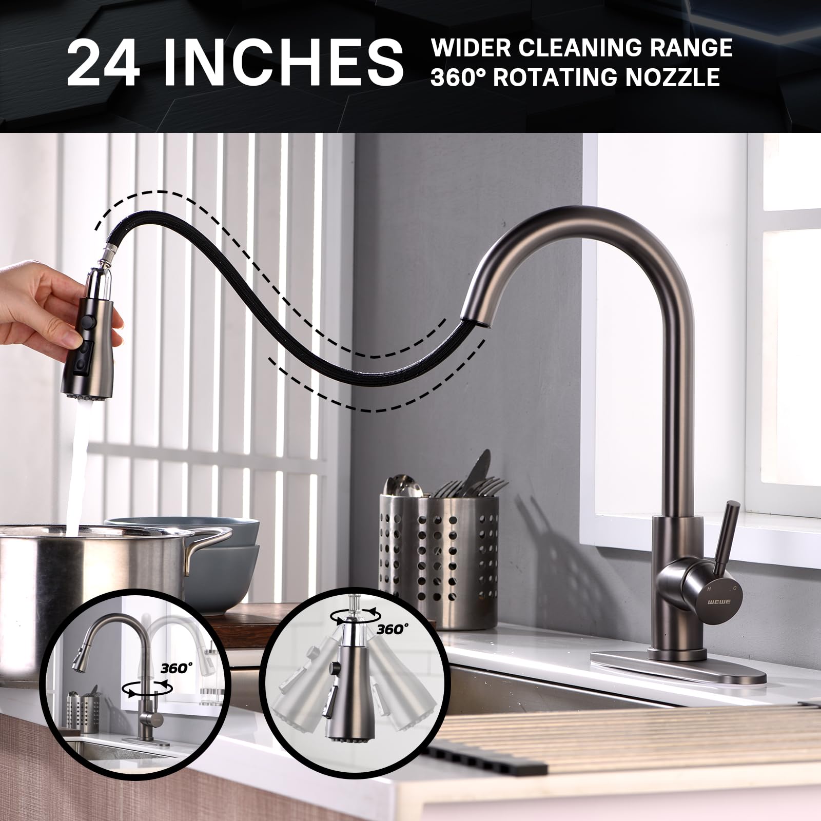 WEWE Kitchen faucets with Pull Down Sprayer, Farmhouse Kitchen Faucet Oil Rubbed Bronze Commercial Modern high arc Stainless Steel Single Handle Single Hole for Utility rv Laundry Sinks