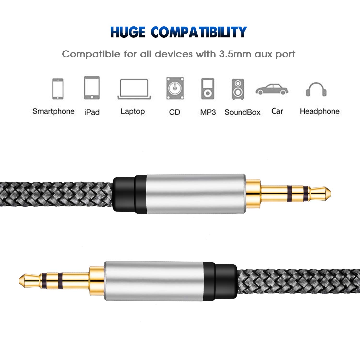 Tan QY Aux Cable 15Ft,3.5mm Male to Male Auxiliary Audio Stereo Cord Compatible with Car,Headphones, iPods, iPhones, iPads,Tablets,Laptops,Android Smart Phones& More (15Ft/5M, Silver)