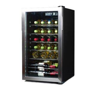 black+decker wine cooler refrigerator, 26 bottle compressor cooling wine fridge with blue light & led display, freestanding wine cooler, bd61536