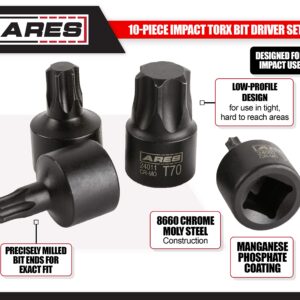 ARES 24001-10-Piece 3/8-Inch Drive Low Profile Impact Torx Bit Driver Set - Chrome-Moly Steel & Manganese Phosphate Coating - Star Bit Size Range T25-T70 - Reusable Storage Rail