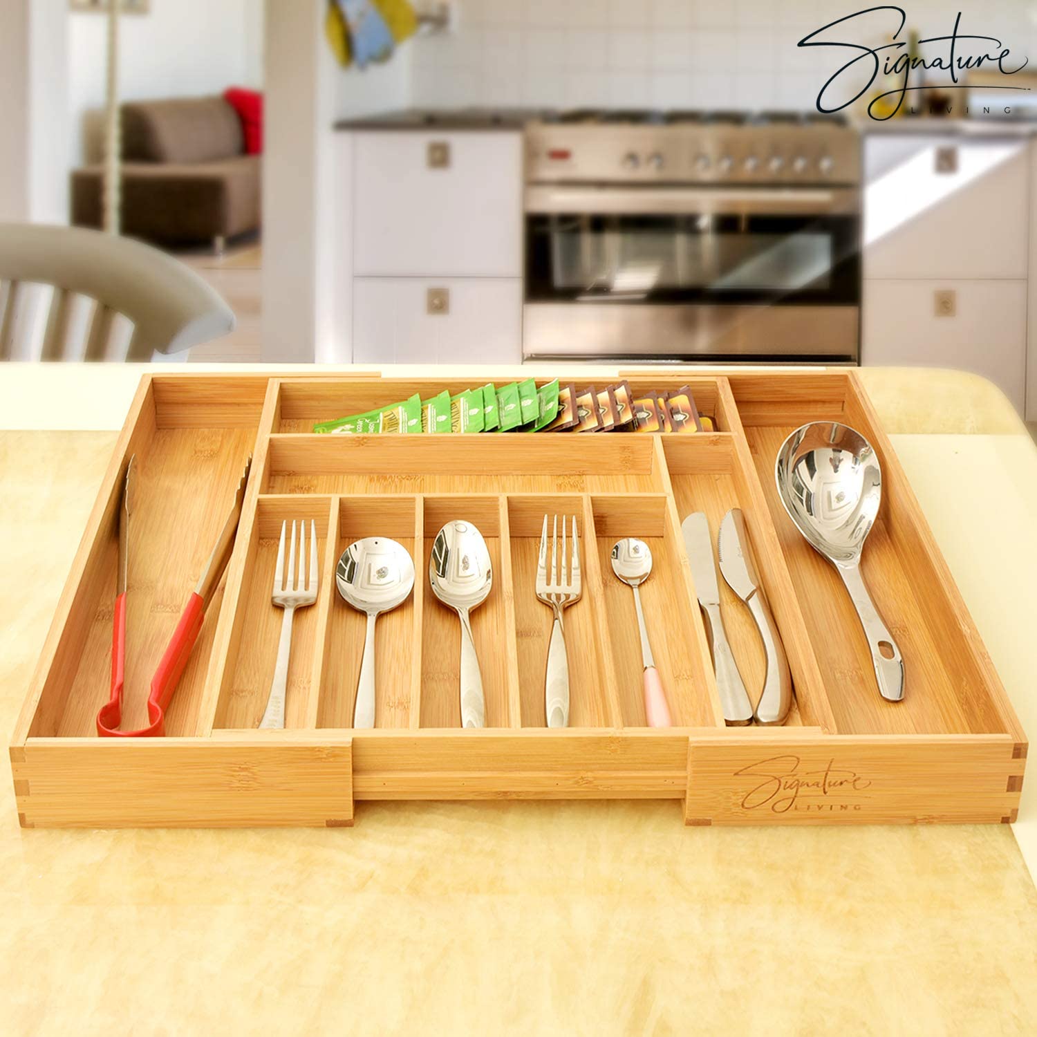 Signature Living Bamboo Expandable Utensil Drawer Organizer, Premium Bamboo for Cutlery, Flatware, Silverware - Drawer Dividers for Easy Storage (8-10 Slots)