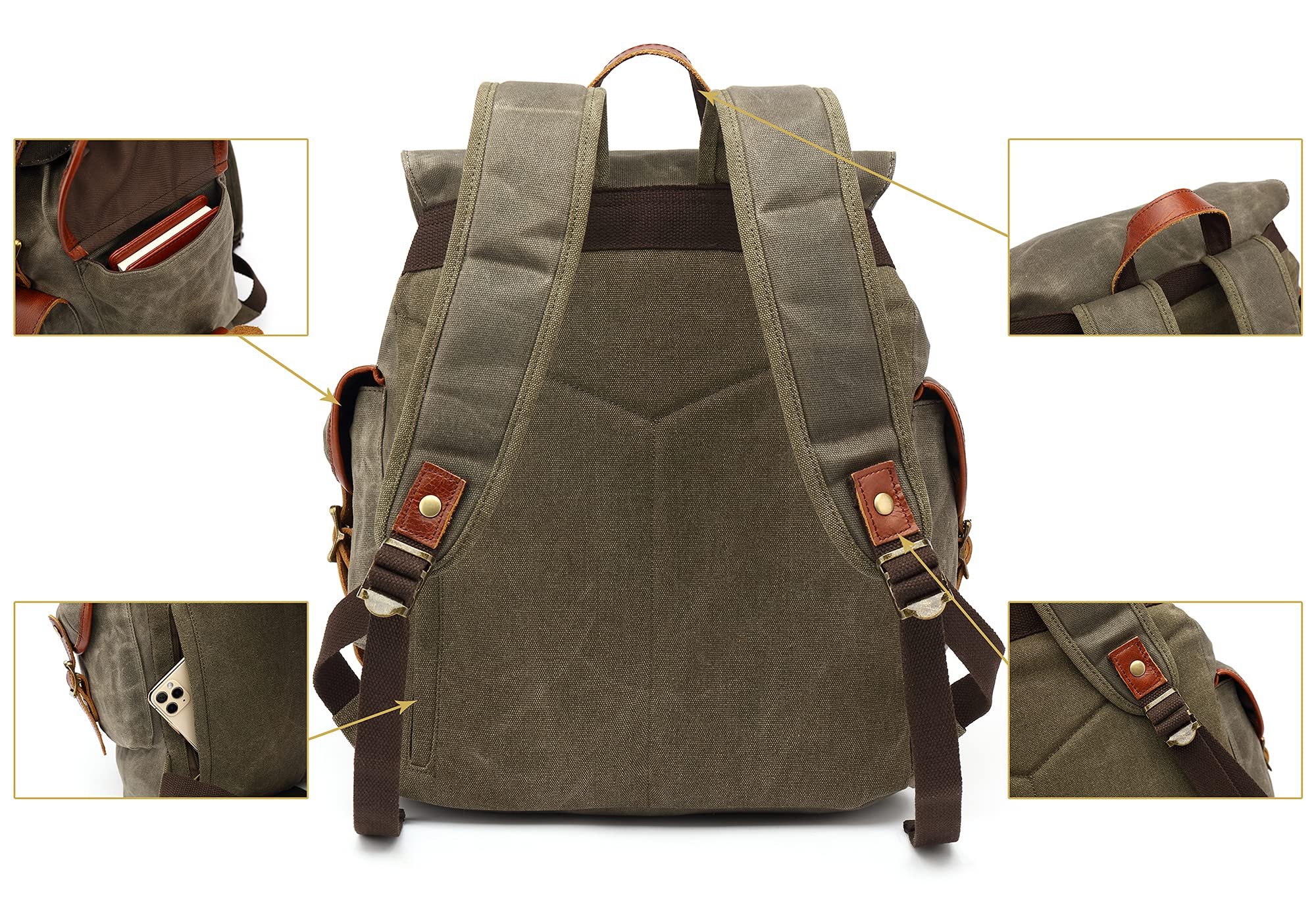 Waxed Canvas Leather Backpack for Men, Military Tactical Shoulder Rucksack for Travel Bag (M85_Khaki)