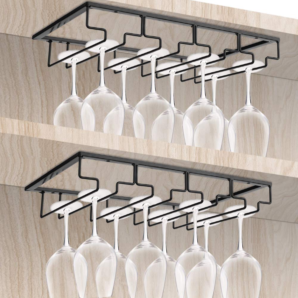 MorNon 2 Pack Wine Glass Rack - 4 Rows Under Cabinet Stemware Wine Glass Holder Glasses Storage Hanger Metal Organizer for Bar Kitchen Black