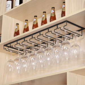 MorNon 2 Pack Wine Glass Rack - 4 Rows Under Cabinet Stemware Wine Glass Holder Glasses Storage Hanger Metal Organizer for Bar Kitchen Black