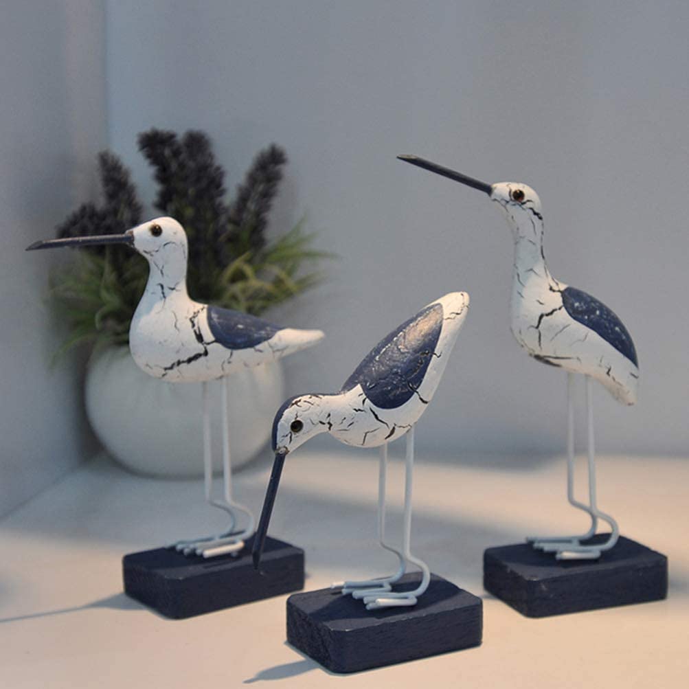 EXCEART 3Pcs Wooden Seabird Figurine Nautical Coastal Birds Ornament Mediterranean Woodcarving Statue Toy Desktop Decor for DIY Craft Home Fair Garden (Mixed)