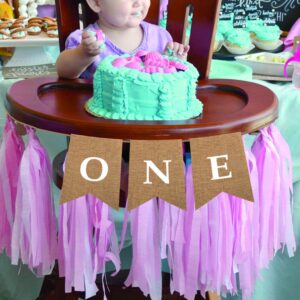 ONE High Chair First Birthday Burlap Banner | First Birthday Party Rustic Theme Decoration for boy or Girl | 1st Birthday Party Supplies | Happy Birthday Banner for Nursery Decor Product Name