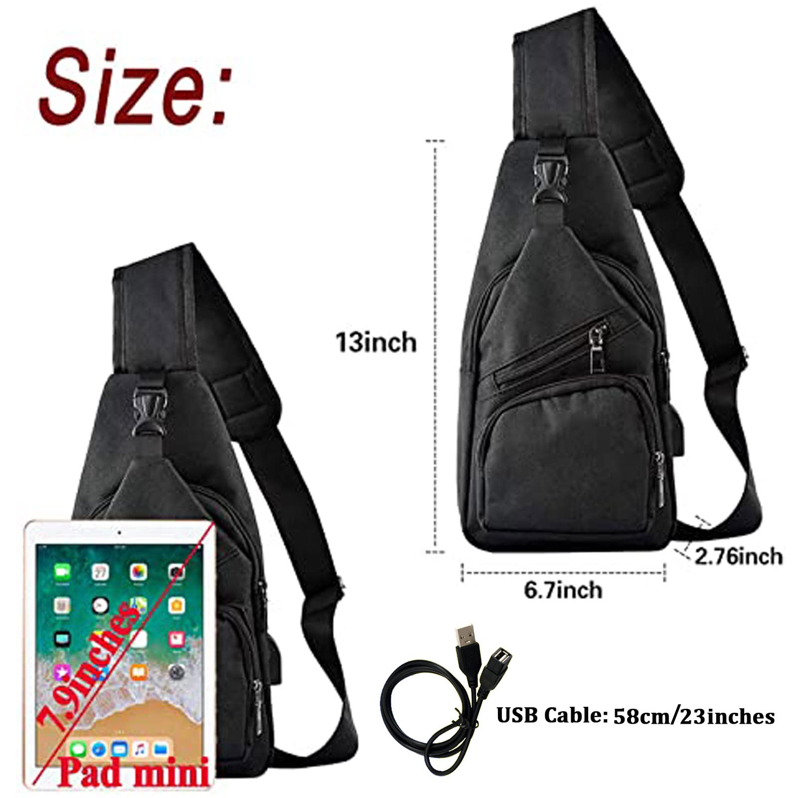 Sling Bag - Shoulder Backpack Chest Bags Crossbody Daypack for Women & Men with USB Charging Port for Travel/Hiking/Outdoor (S-Black)